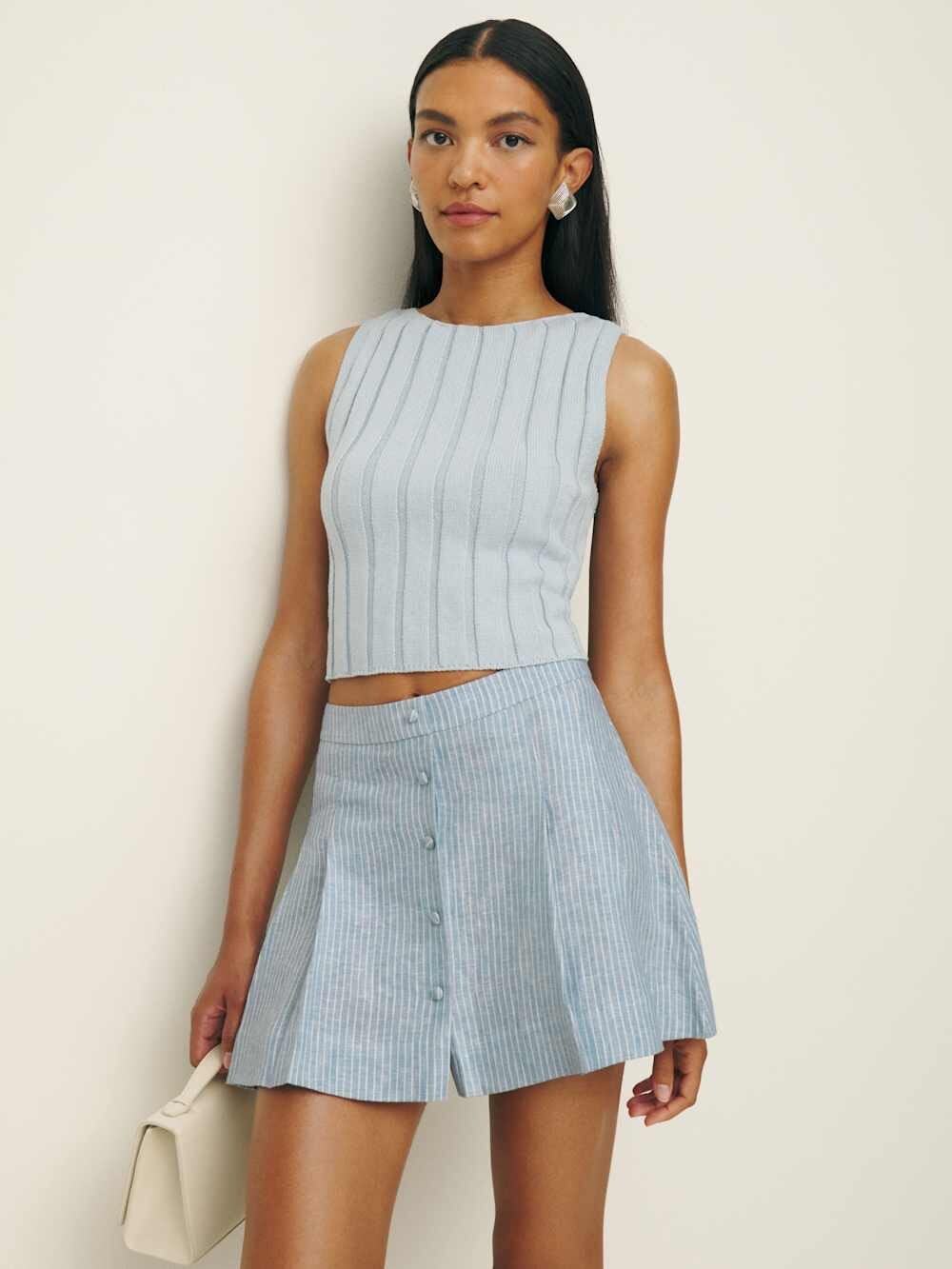 Reformation Carol Linen Mini Skirt Size 4 Blue White Cornflower Stripe Coquette